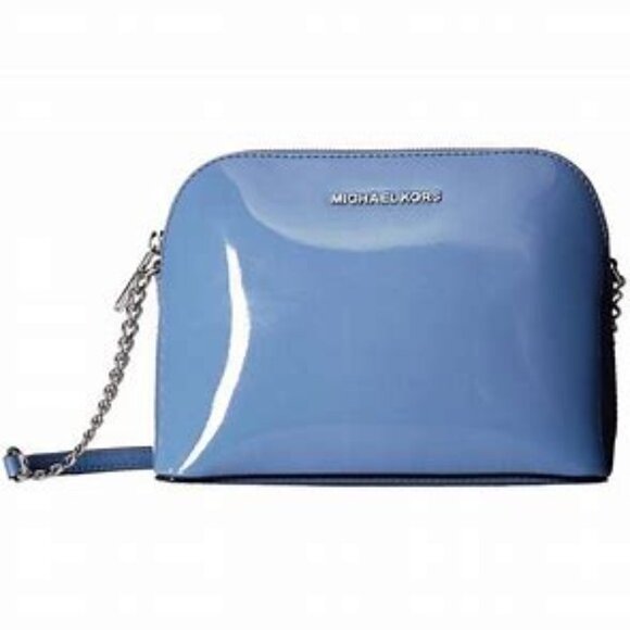 MICHAEL KORS Crossbody Bag Cindy Dome Denim Blue Patent Leather Zip Chain NWT